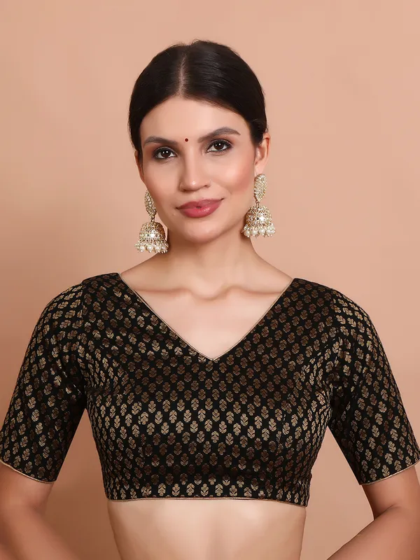 Black brocade V neck ready made blouse with zari work