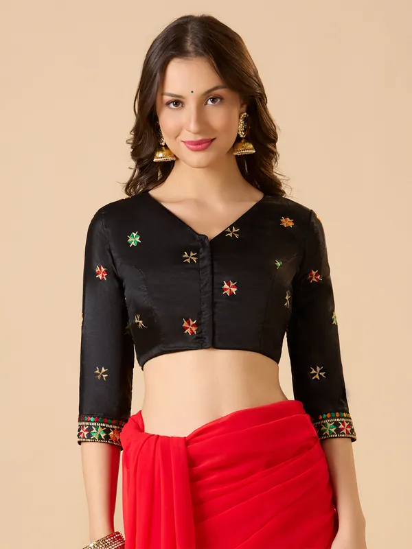 Black chinon ready made blouse with embroidery and V neck