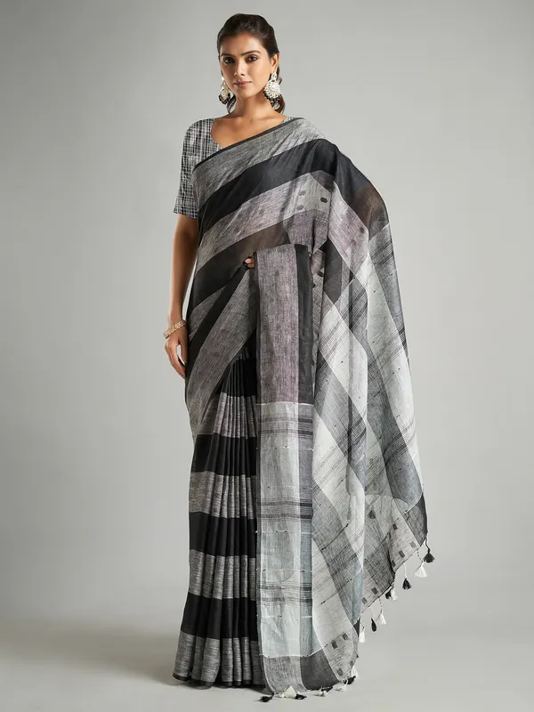 Black cotton linen saree
