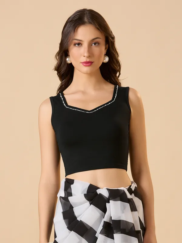 Black cotton lycra ready made blouse with sequins work