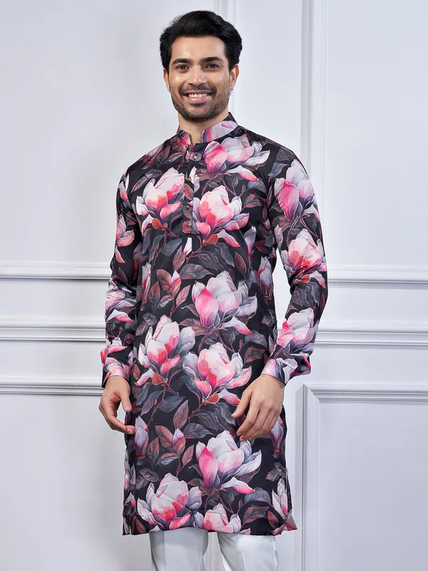 Black cotton printed kurta suit for men