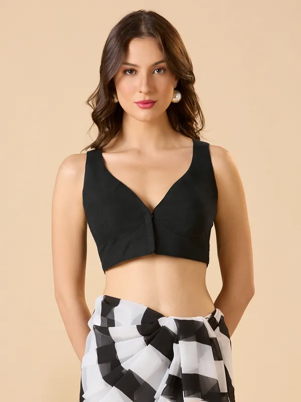 Black cotton ready made blouse with sweetheart neck