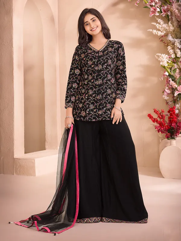 Black cotton silk mirror work palazzo salwar suit