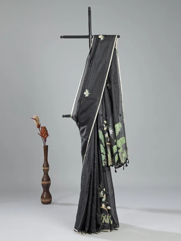 Black cotton silk printed saree for festive flair
