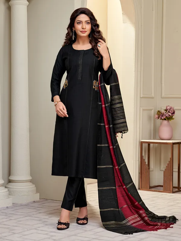 Black cotton silk salwar suit with sequins weaving