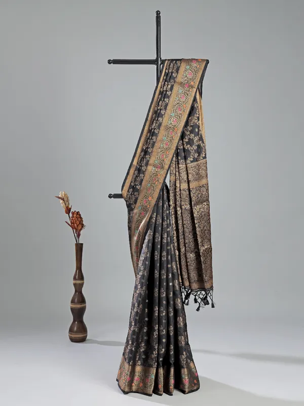 Black cotton silk saree with zari weaving elegance