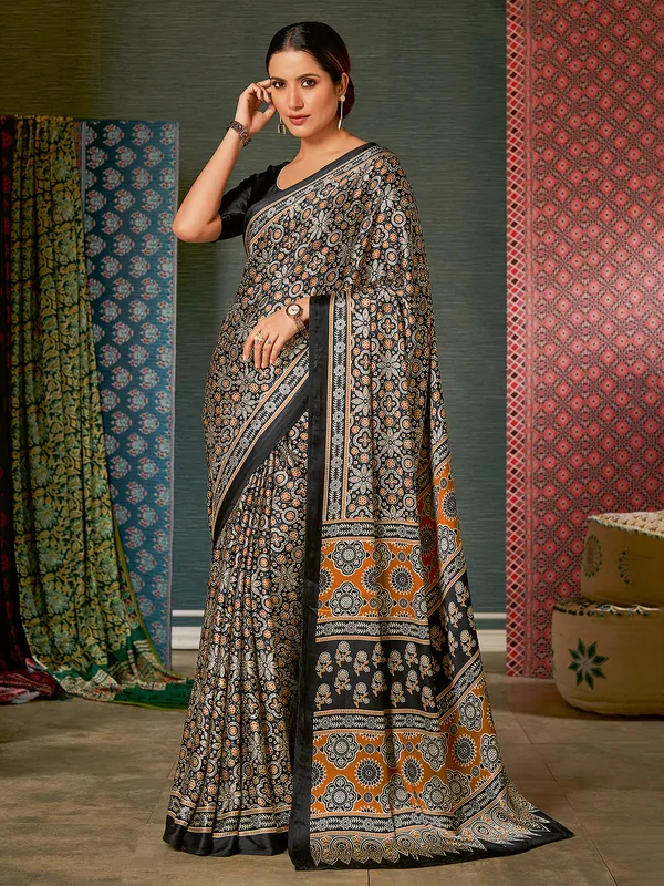 Black crepe ajrakh printed saree
