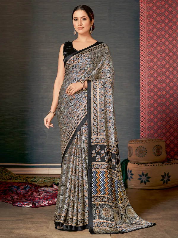 Black crepe saree with ajrakh print