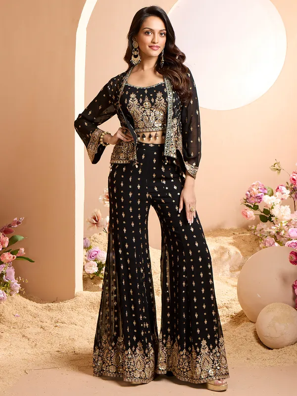 Black crop top sytle georgette palazzo suit