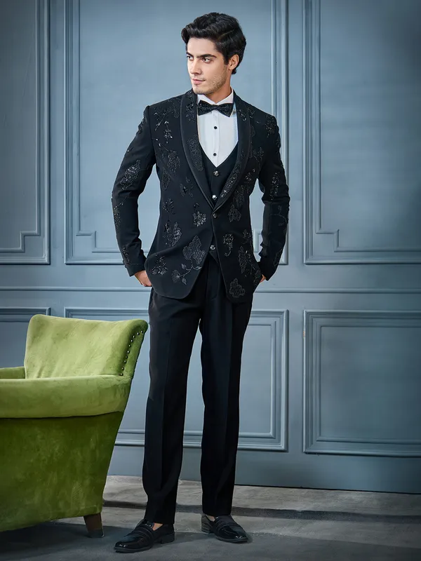 Black designer tuxedo suit in rich work