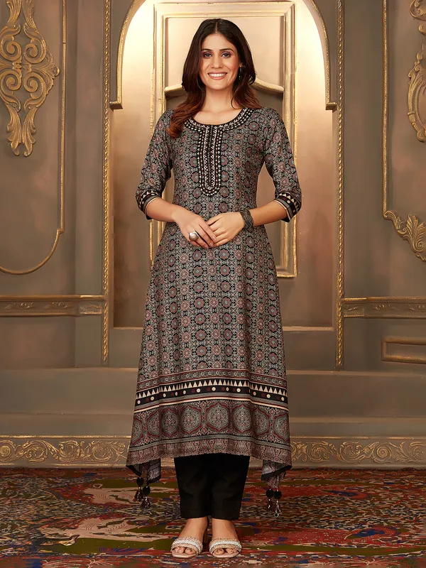 Black dola silk printed a line kurti