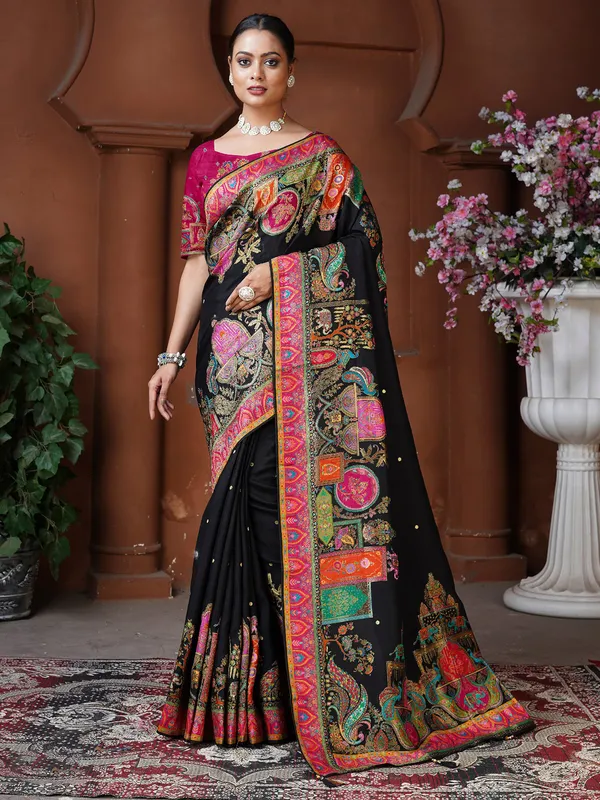 Black dola silk saree in resham woven