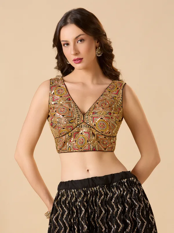 Black embroidered georgette ready made blouse with V neck