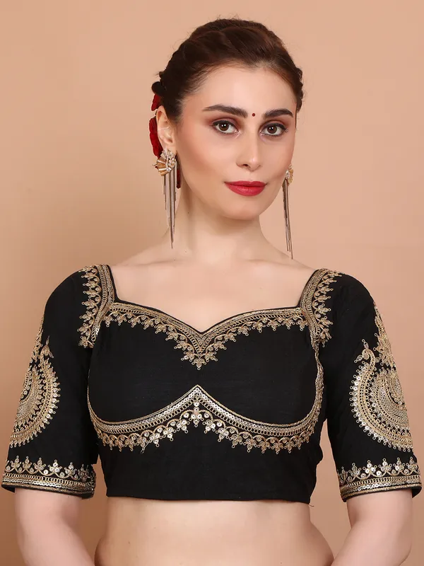 Black embroidered silk ready made blouse