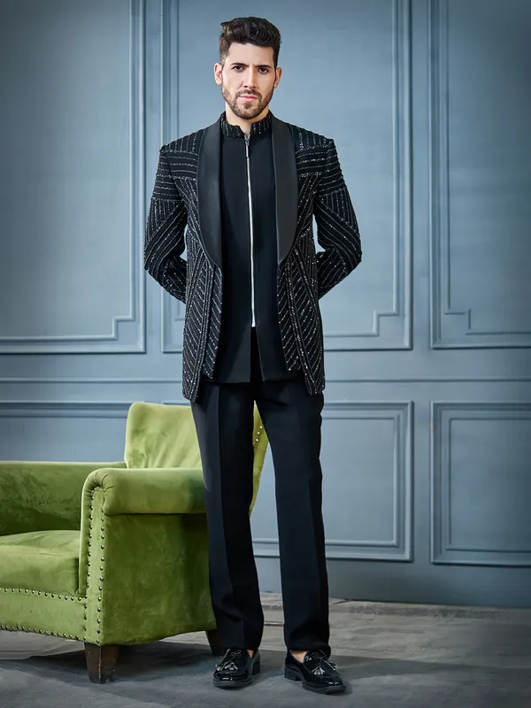Black embroideried terry rayon coat suit