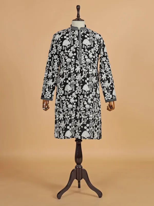 Black festive cotton silk kurta suit for men