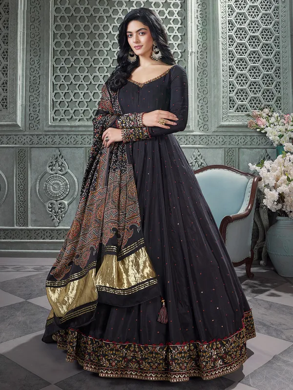 Black floor length anarkali suit with printed dupatta