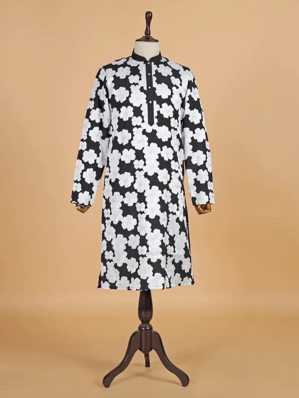 Black floral printed cotton kurta suit for festive