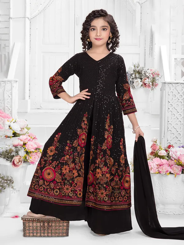 Black georgette embroidered palazzo salwar suit with dupatta