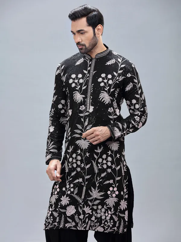 Black georgette embroidery kurta set for men