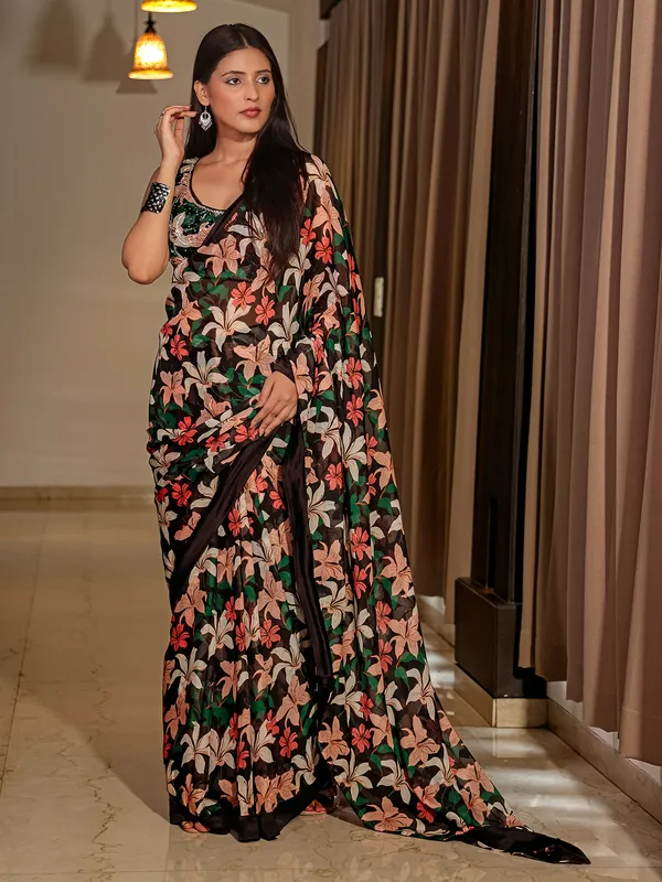 Black georgette floral printed party wear saree