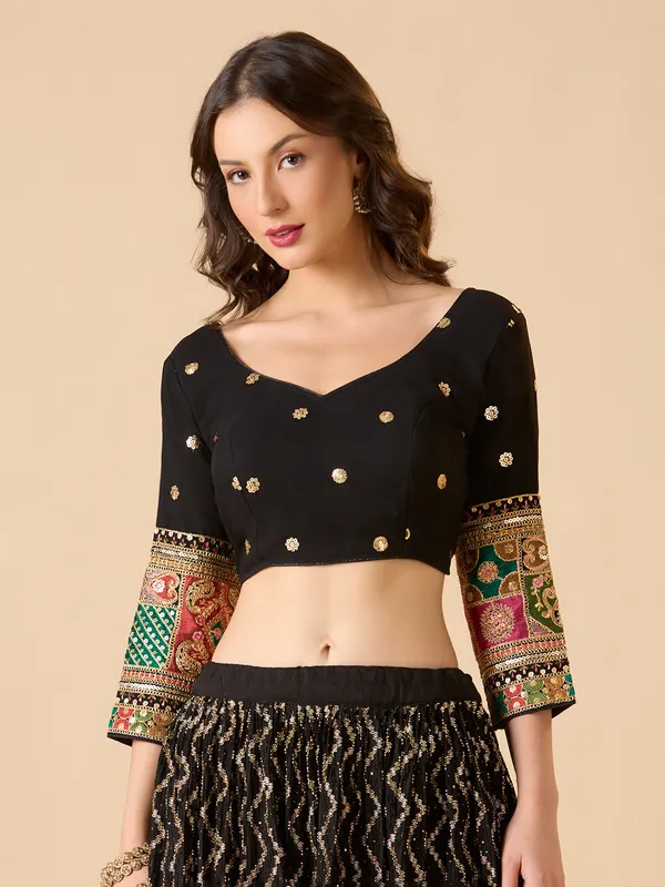 Black georgette full sleeve ready made blouse with sequins