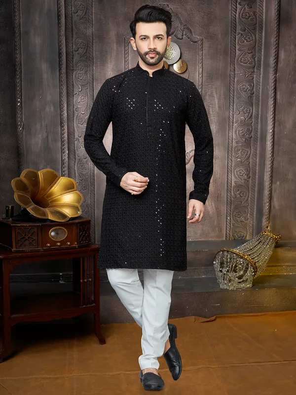 Black georgette kurta suit inn sequins for men