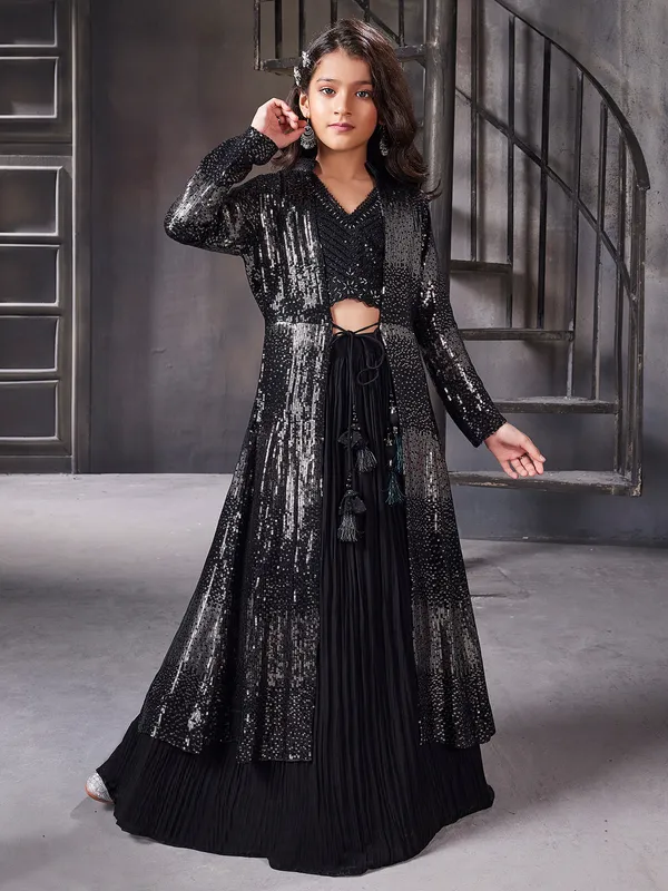 Black georgette lehenga choli with jacket for girls