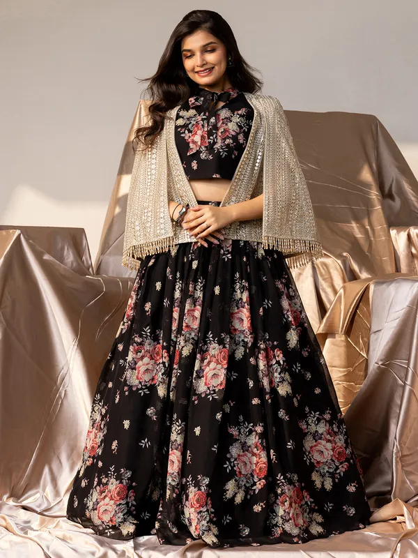 Black georgette lehenga choli with print