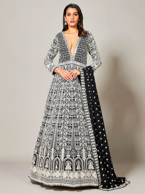 Black georgette lucknowi floor length suit