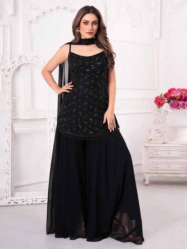 Black georgette palazzo set with subtle sequin work