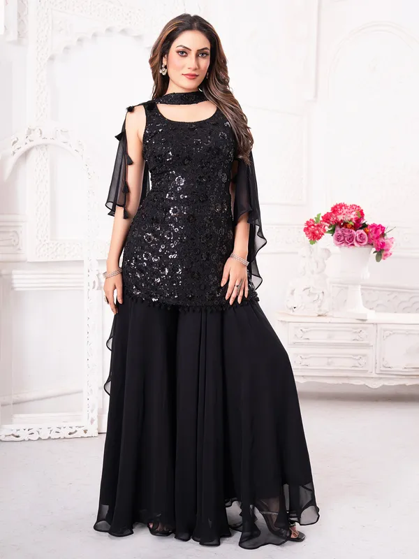 Black georgette palazzo suit with embroidery and cutdana