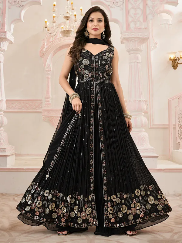 Black georgette palazzo suit with sequins work