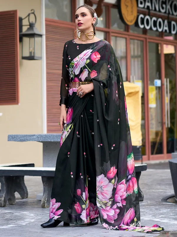 Black georgette saree with printed
