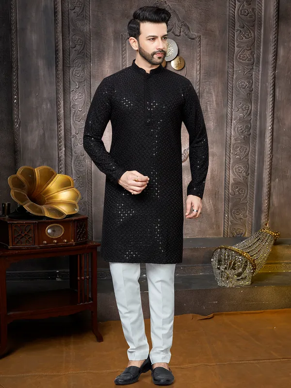 Black georgette sequins kurta suit for men