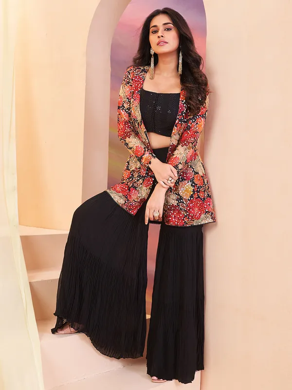 Black georgette sharara suit with shrug