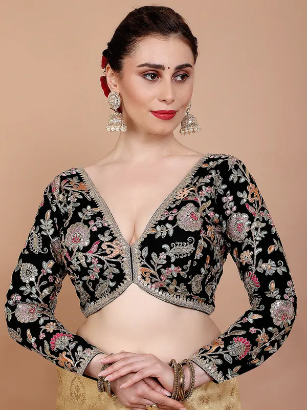 Black georgette V neck embroidered ready made blouse
