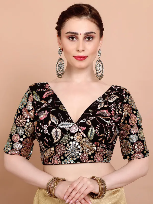 Black georgette V neck embroidered ready made blouse for women