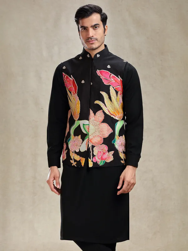 Black hand printed kurta jacket set for charming look