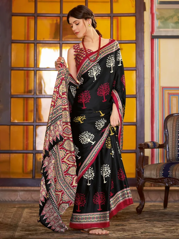 Black japan silk saree with ajrakh print