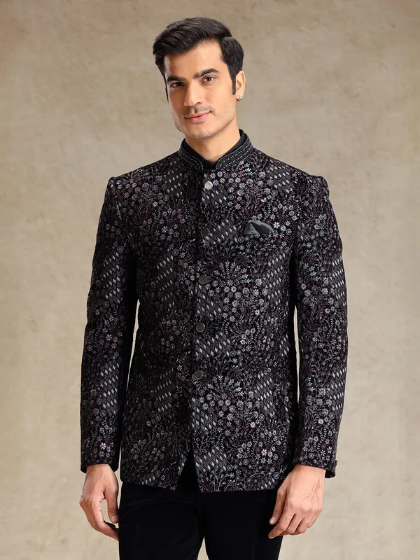Black jodhpuri suit in multi color embroidery