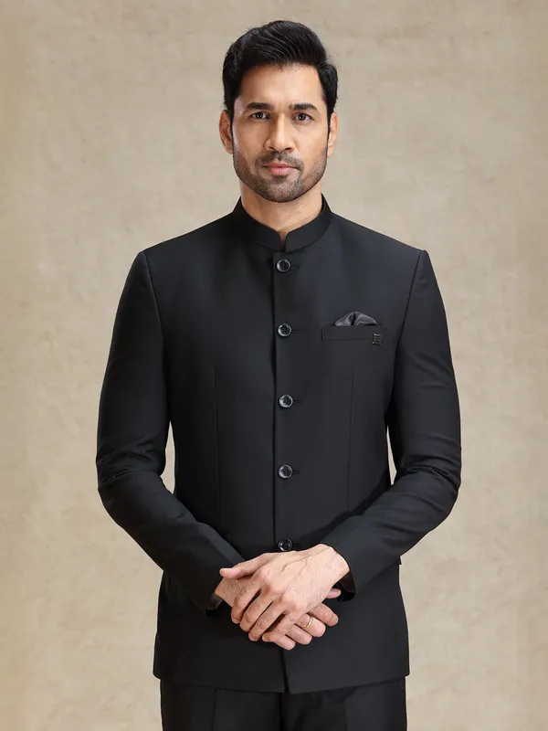 Black jodhpuri suit in soft terry rayon