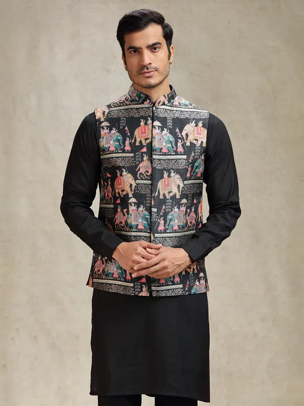 Black kurta jacket jacquard silk printed set