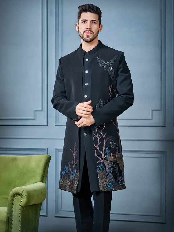 Black long open indo jacket set for mens ethnic look
