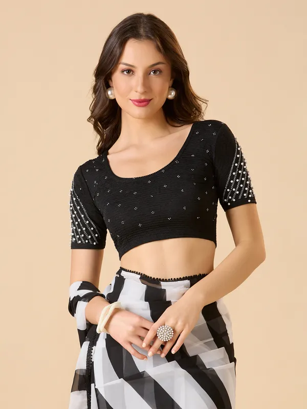 Black lycra ready made blouse with swarovski and pearl detailing