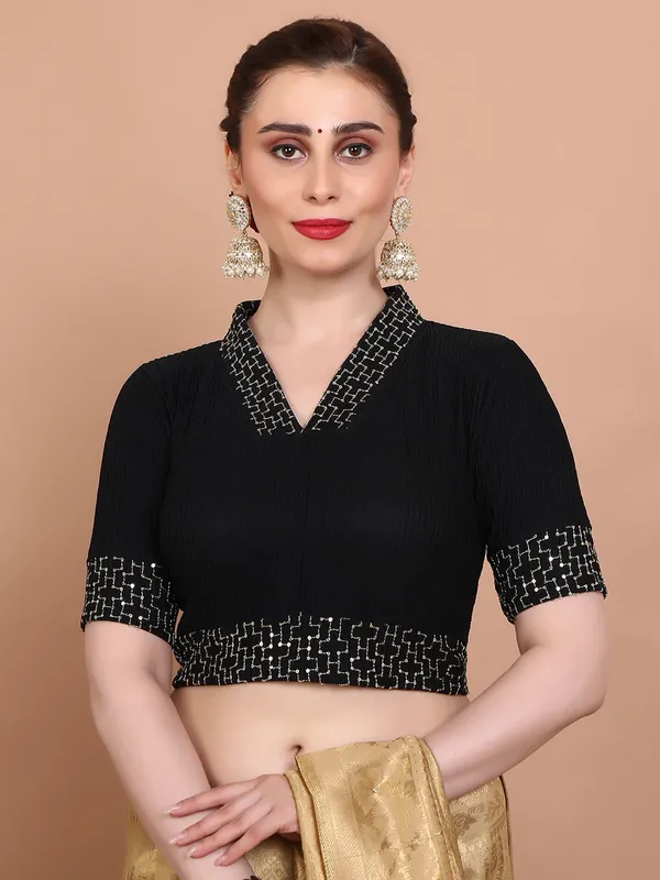 Black lycra strechable made blouse in V neck ready