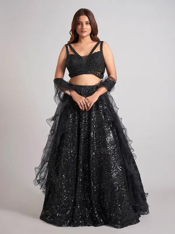 Black net designer lehenga choli with ruffle dupatta