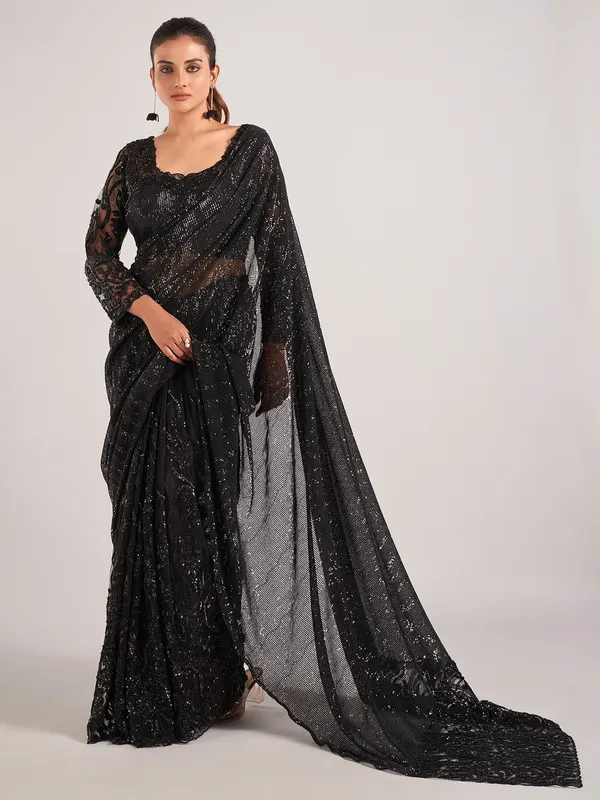 Black net party wear saree with ready-made blouse
