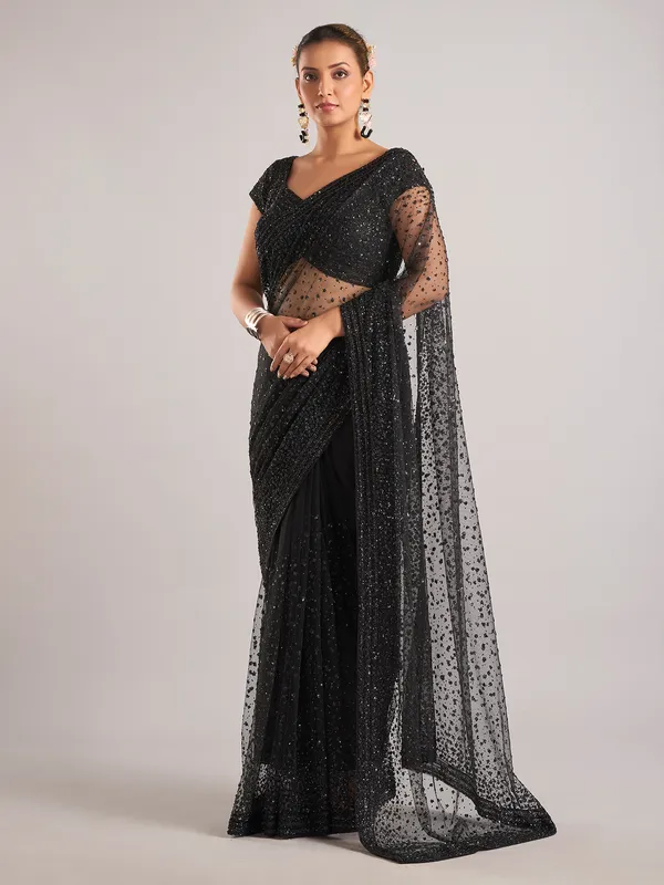 Black net saree with Cutdana Embellishments