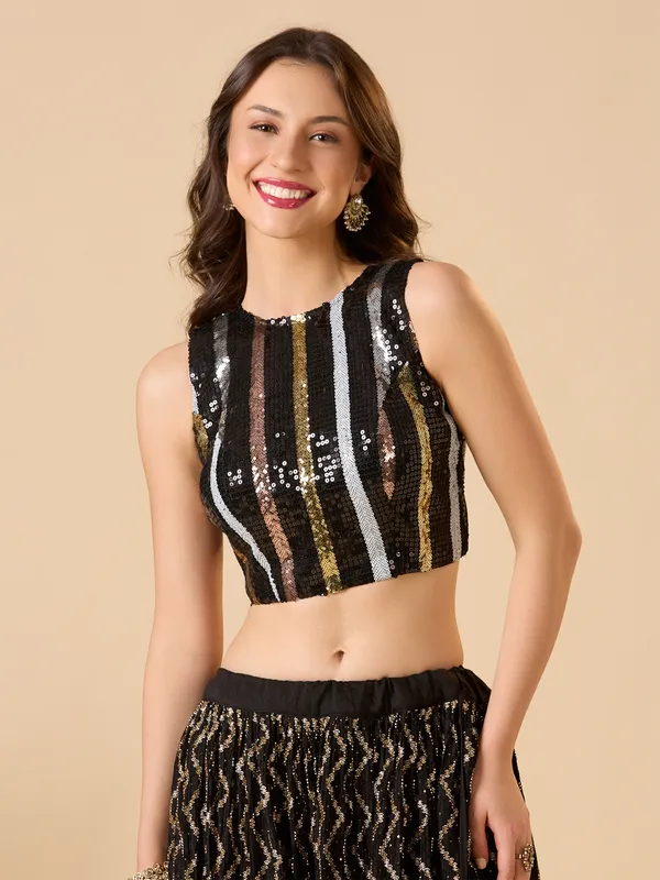 Black net sleeveless ready made blouse with boat neck